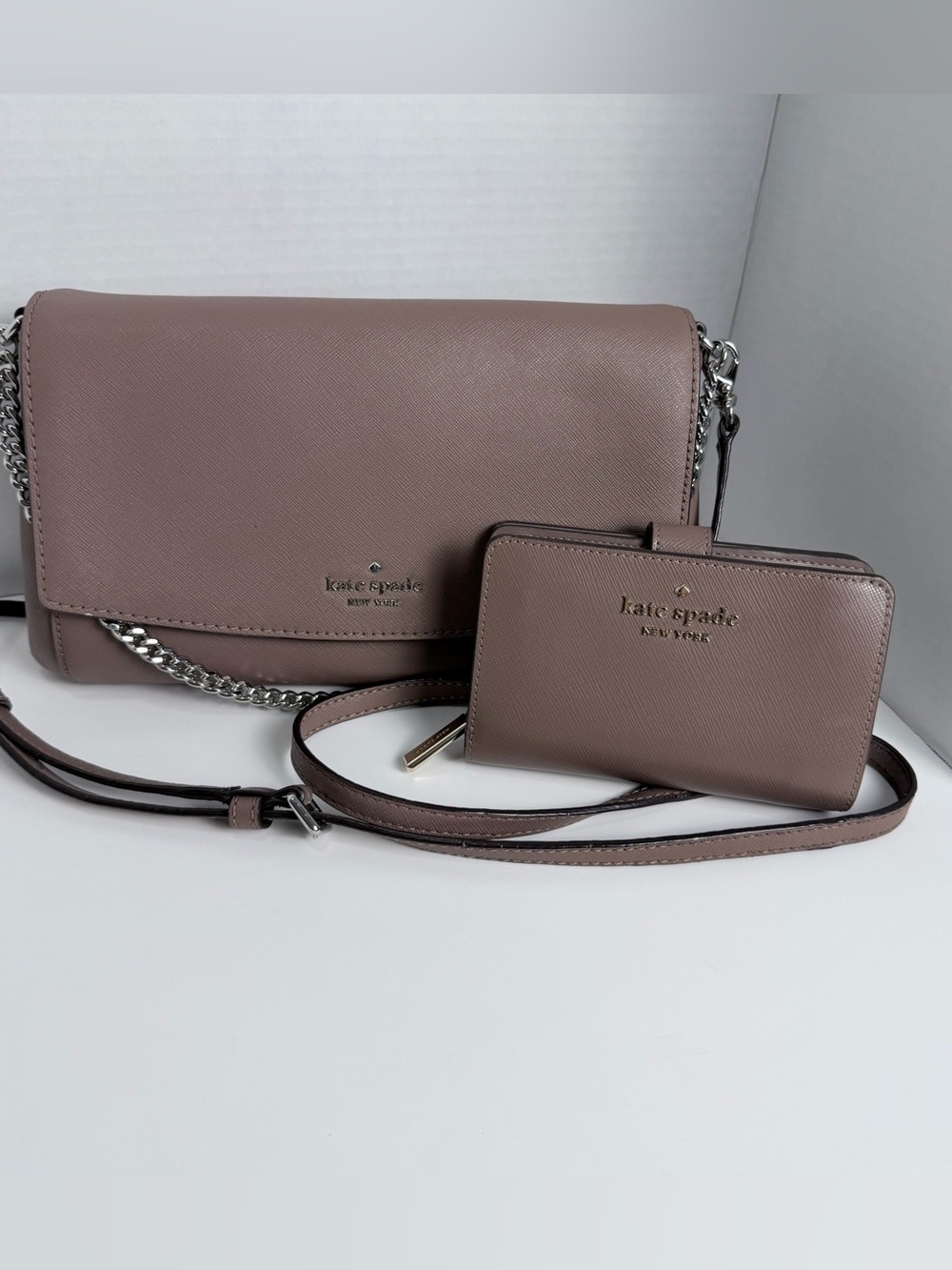Kate Spade New York Taupe Saffiano Leather Crossbody Bag Chain + Wallet